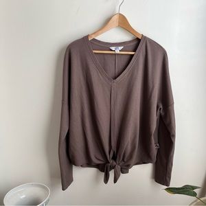 JoyLab Sz Large Chocolate Brown Waffle Knit Long Sleeve Tie Front Top EUC